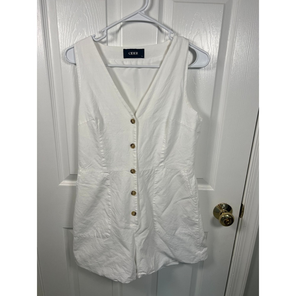 Cider White Sleeveless Button Down Romper V-Neck Pockets (IN#47)